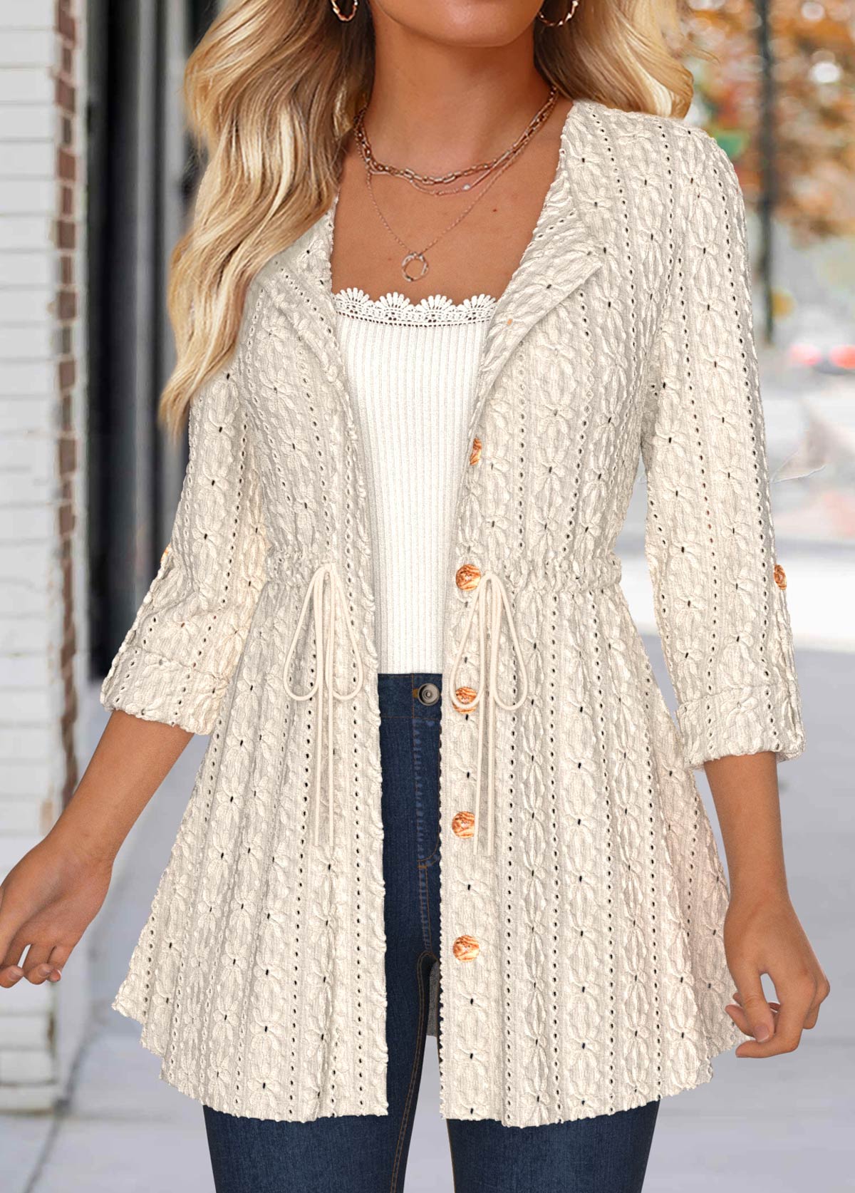 Beige Lace 3/4 Sleeve Round Neck Coat | picture 