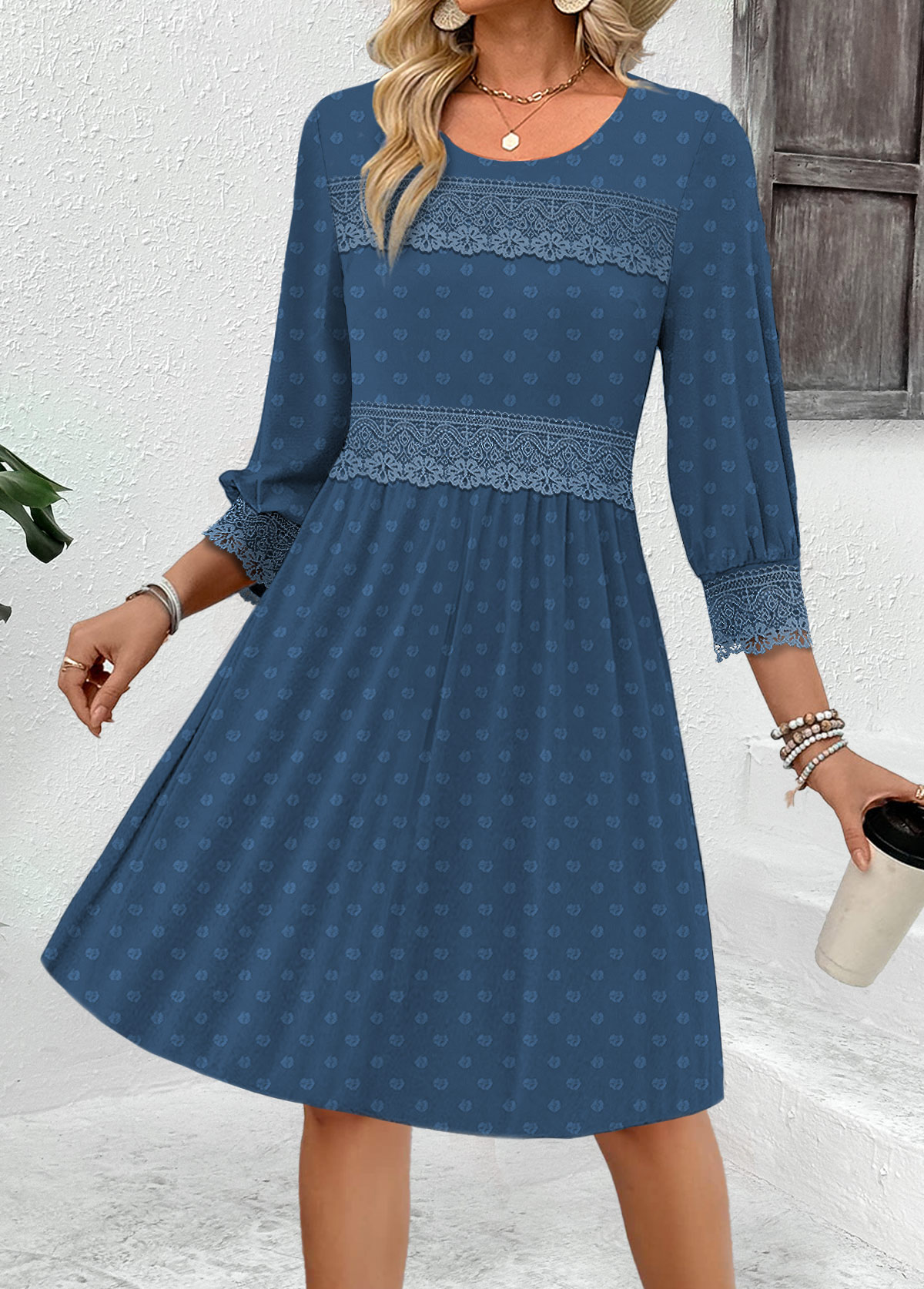 Navy 3/4 Sleeve V-Neck Flounced Dress