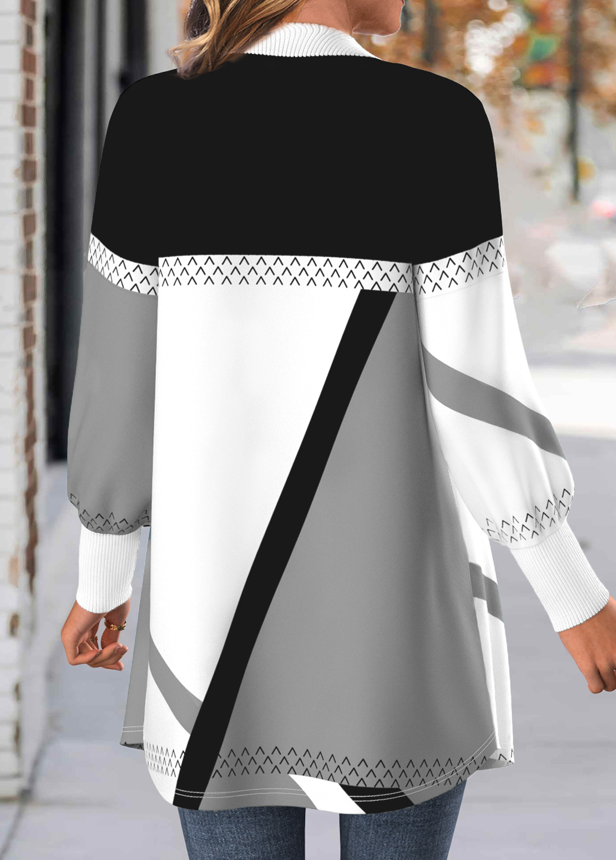Light Grey Button Geometric Print Long Sleeve Coat | picture 