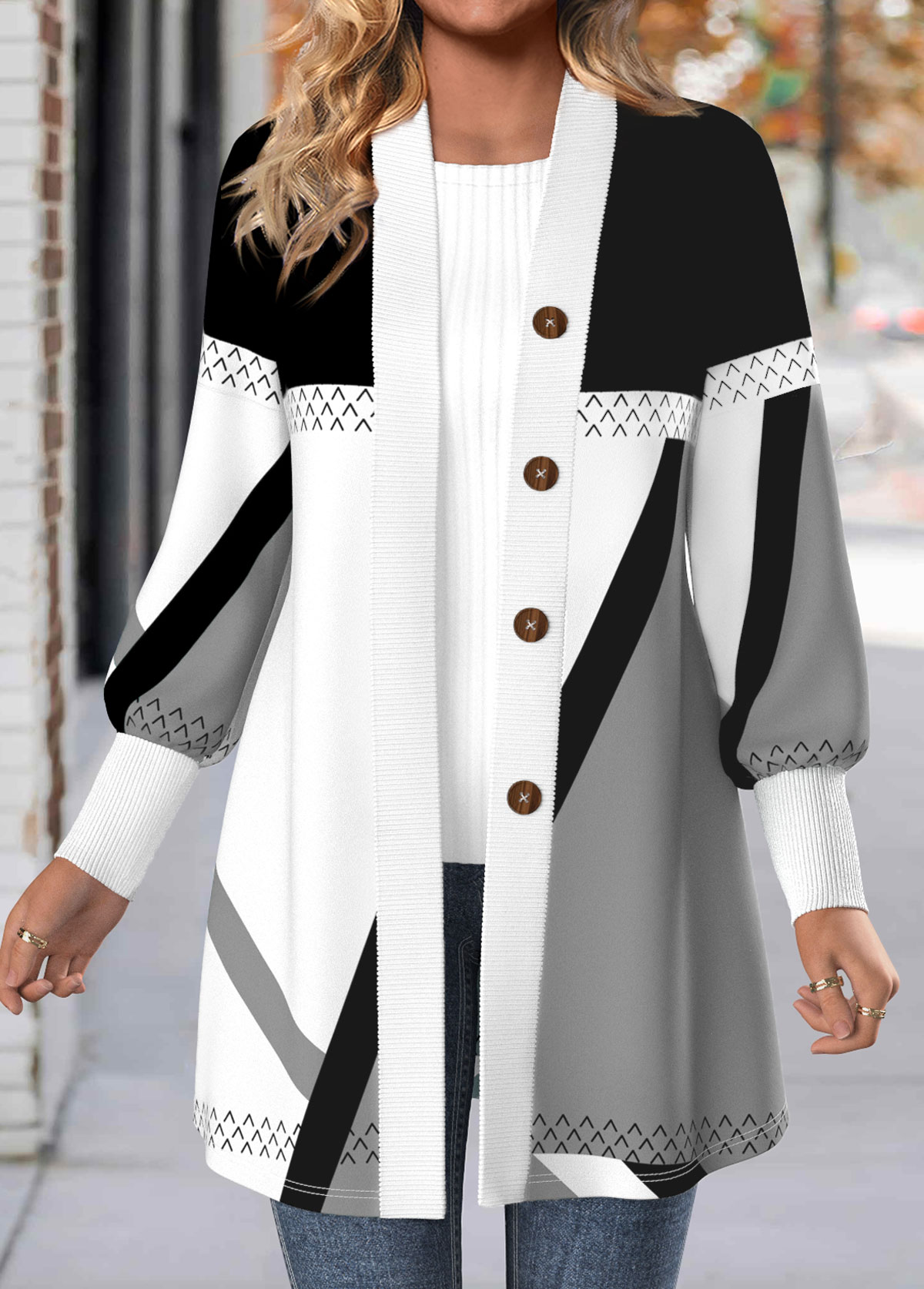 Light Grey Button Geometric Print Long Sleeve Coat | picture 