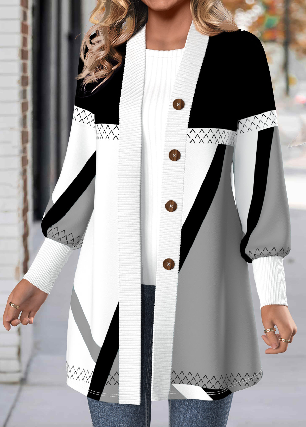 Light Grey Button Geometric Print Long Sleeve Coat | picture 