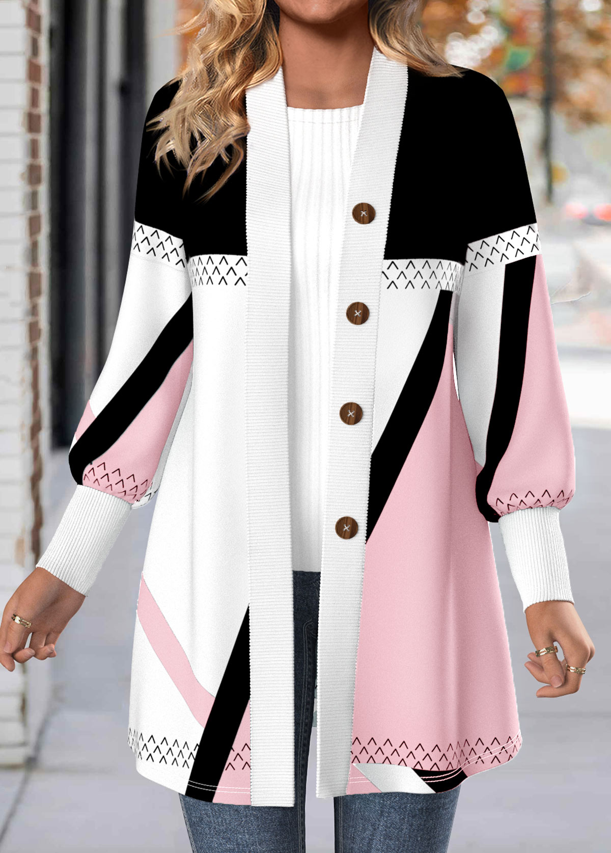 Light Pink Button Geometric Print Long Sleeve Coat | picture 
