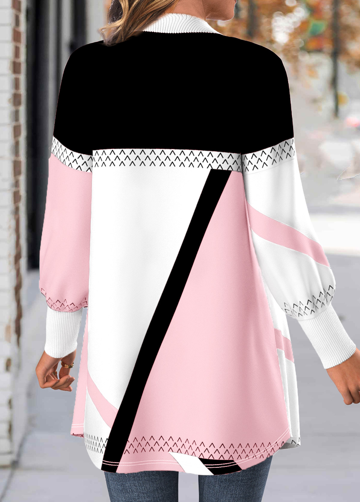Light Pink Button Geometric Print Long Sleeve Coat | picture 