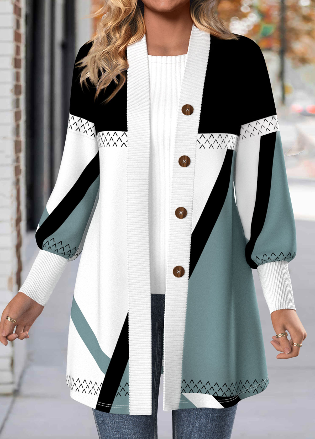Plus Size Multi Color Button Geometric Print Coat | picture 