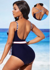 Striped Decorative Belt Navy Blue One Piece Swimwear
