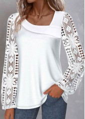 White Patchwork Plus Size Long Sleeve Asymmetrical Neck Blouse