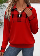 Red Patchwork Plaid Long Sleeve Turn Down Collar Sweatshirt