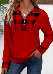 Red Patchwork Plaid Long Sleeve Turn Down Collar Sweatshirt | thumb picture 