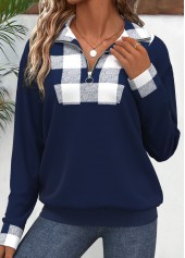 Navy Patchwork Plaid Long Sleeve Turn Down Collar Sweatshirt
