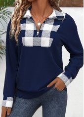 Navy Patchwork Plaid Long Sleeve Turn Down Collar Sweatshirt | thumb picture 