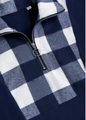 Navy Patchwork Plaid Long Sleeve Turn Down Collar Sweatshirt | thumb picture 