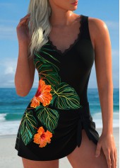 Tie Floral Print Black One Piece Swimdress
