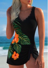 Tie Floral Print Black One Piece Swimdress | thumb picture 