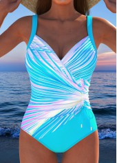 Drawstring Tropical Plants Print Cyan One Piece Swimwear