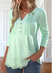 Light Green Patchwork Long Sleeve Split Neck T Shirt | thumb picture 