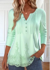 Light Green Patchwork Long Sleeve Split Neck T Shirt