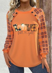 Halloween Orange Button Long Sleeve Round Neck Sweatshirt