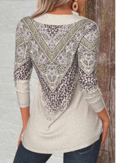 Light Camel Button Leopard Long Sleeve T Shirt