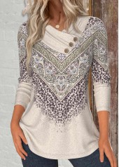 Light Camel Button Leopard Long Sleeve T Shirt