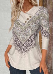 Light Camel Button Leopard Long Sleeve T Shirt