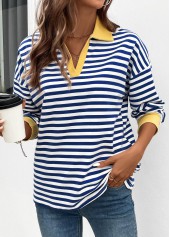 Navy Patchwork Striped Long Sleeve T Shirt
