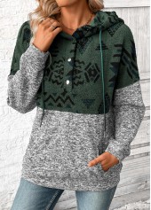 Grey Patchwork Tribal Print Long Sleeve Hoodie