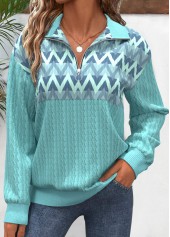 Mint Green Zipper Geometric Print Long Sleeve Sweatshirt