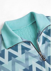 Mint Green Zipper Geometric Print Long Sleeve Sweatshirt | thumb picture 