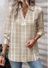 Light Coffee Button Plaid Long Sleeve Shirt Collar Blouse | thumb picture 