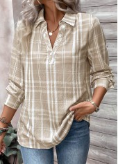 Light Coffee Button Plaid Long Sleeve Shirt Collar Blouse | thumb picture 
