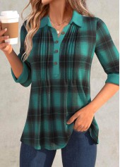 Turquoise Button Plaid Long Sleeve Shirt