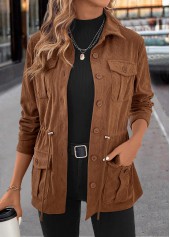 Dark Coffee Drawstring Long Sleeve Shirt Collar Coat