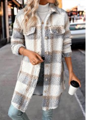 Raw White Button Plaid Long Sleeve Coat