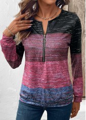 Multi Color Zipper Long Sleeve Round Neck Sweatshirt