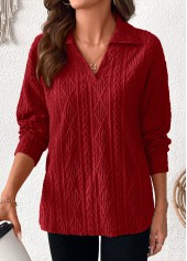 Wine Red Lace Long Sleeve Turn Down Collar Blouse | thumb picture 