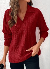 Wine Red Lace Long Sleeve Turn Down Collar Blouse