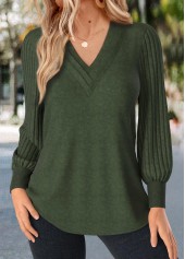 Olive Green Patchwork Long Sleeve V Neck T Shirt