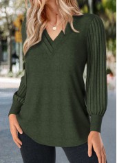 Olive Green Patchwork Long Sleeve V Neck T Shirt | thumb picture 