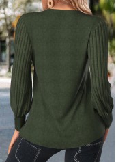 Olive Green Patchwork Long Sleeve V Neck T Shirt | thumb picture 