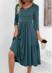 Turquoise Zipper 3/4 Sleeve Round Neck Dress