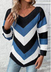 Blue Patchwork Long Sleeve V Neck Sweater | thumb picture 
