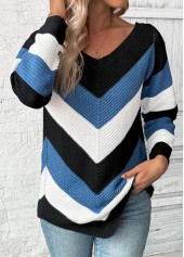 Blue Patchwork Long Sleeve V Neck Sweater | thumb picture 