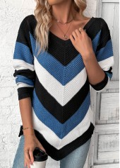 Blue Patchwork Long Sleeve V Neck Sweater | thumb picture 