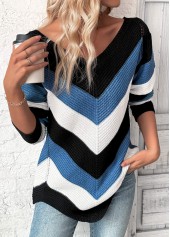 Blue Patchwork Long Sleeve V Neck Sweater
