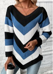 Blue Patchwork Long Sleeve V Neck Sweater | thumb picture 