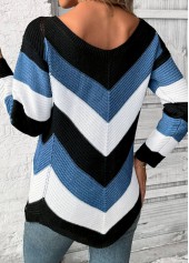 Blue Patchwork Long Sleeve V Neck Sweater | thumb picture 
