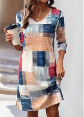 Multi Color Geometric Print A Line Long Sleeve Dress