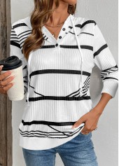 White Drawstring Striped Long Sleeve Hoodie