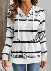 White Drawstring Striped Long Sleeve Hoodie | thumb picture 