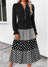 Black Patchwork Geometric Print Long Sleeve Split Neck Dress